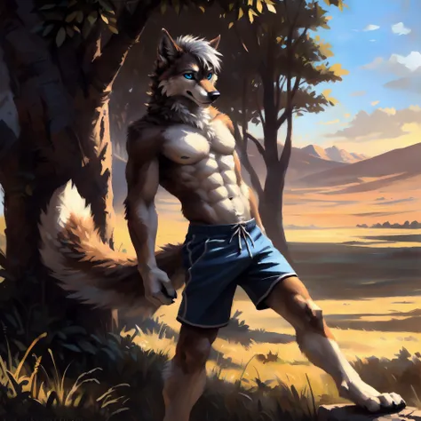 ((Solo)), male people, anthro wolf, (Multi-colored fur, White-brown:1.3), ((Wolf face, White hair, Big eyes, White eyelids, Blue pupil, Slim:1.2) (Tough, Calm expression:1.2)), Abs, Slim, pinging)), (Correct anatomy), (Work shorts:1.1), (Contour bone:1.2),...