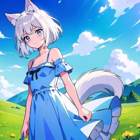 High quality, 1girl, ((((Candy Candy anime coloring)))), (wolf girl, wolf ears, wolf tail), animal ears, ((((short hair)))), ((silver white hair)), hair clip, ((hair tap eye)), ((blue eyes)), long eyeslashes, eyeliner, (((small breasts, long old west, long...