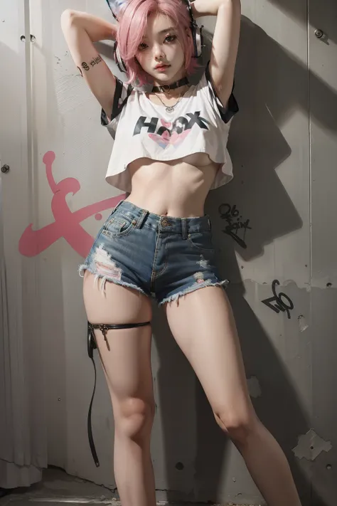 (masterpiece), (best quality), 8k resolution, 1girl, Asian girl, stunning beauty, perfect face, mature female, 20yo, fox ears, full body, wearing headphone, pink short hair, crop-top, underboob, short shorts, choker, leg strap, graffiti