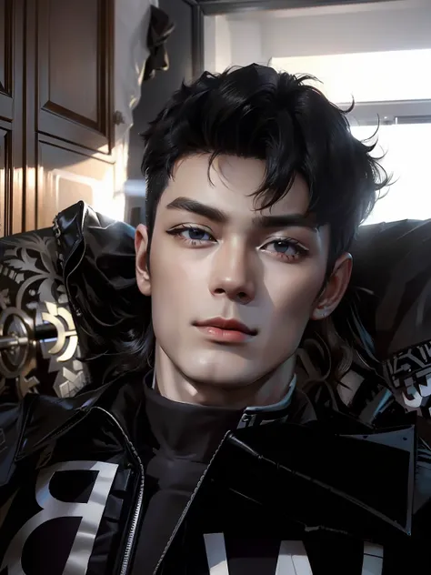 1. Pretty boy, black jacket, black
  Hair, realistic, highly detailed,