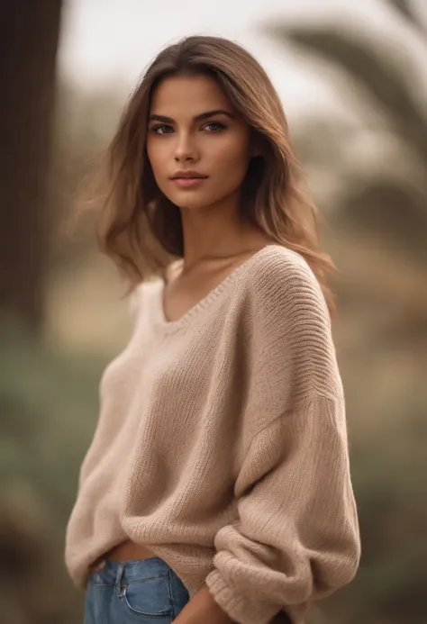 petite girl, waist-length hair, Brown eyes,  beige sweater, white skirt shorts