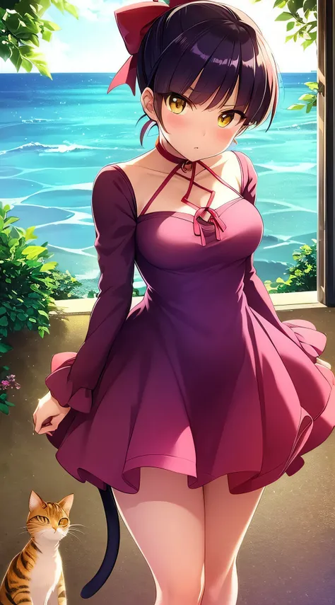 an anime girl、Cat Girl、18year old、Purple short ponytail hair、big red ribbon、Yellow Eye、glaring、Slender figure、small tits、a black choker、White blouses、Red dress、Red High Heels、Nestled by the sea