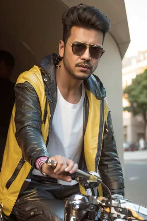 araffe man with sunglasses, jacket sitting on a stylish motor bike in a city road, with sunglass, casual photography, shot on nikon z9, edited in photoshop, cinematic shoot, candid picture, photo taken with canon 5d, shot on canon eos r5, modeling shoot, m...