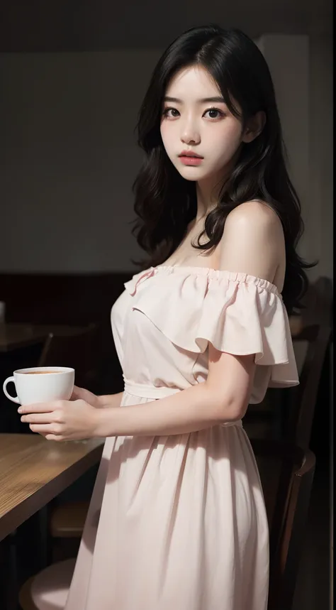 best qualityer, Masterpieces, Super high resolution, (photograph realistic:1.5), Original image,Pink dress ,Korean 1girl, offshoulder, In the dark, deepshadow, low tune, Cold light, Sexy look, long whitr hair,Cafe,pretty,lim light