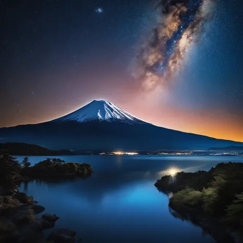 Master Parts、Superior Quality、superior image quality、The 8k quality、Beautiful pictures of the starry sky、magnifica、Arched Milky Way:1.9、Mt fuji、Blue glowing lake:1.9