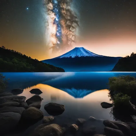 Master Parts、Superior Quality、superior image quality、The 8k quality、Beautiful pictures of the starry sky、magnifica、Arched Milky Way:1.9、Mt fuji、Blue glowing lake:1.9