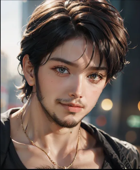 a 22 year old man, rectangular face, square jaw, with tall muscular body, short black hair, brown eyes with smile expression, prominent cheekbone, a little chubby cheek, goatte beard, Edward Robert Hughes art style, warm color grading, rear projection, lig...