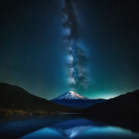 Master Parts、Superior Quality、superior image quality、The 8k quality、Beautiful pictures of the starry sky、magnifica、Arched Milky Way:1.9、Mt fuji、Blue glowing lake:1.9