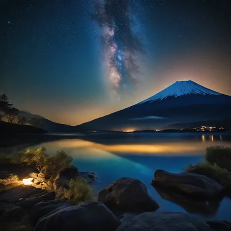 Master Parts、Superior Quality、superior image quality、The 8k quality、Beautiful pictures of the starry sky、magnifica、Arched Milky Way:1.9、Mt fuji、Blue glowing lake:1.9