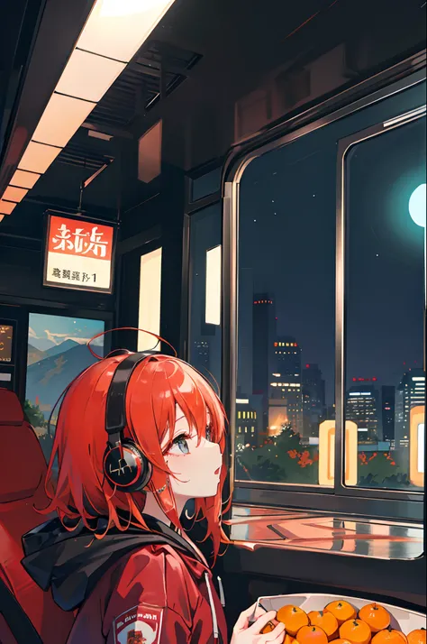 (masuter piece、side lights、ultra-detailliert、inely detailed beautiful eyes: 1.2)、1girl in、bags、buliding、from side、headphones、hoods、hood down、hooded jacket、parka、jaket、Long、orange color hair、profile、redhair、独奏、train、inside of a car、The upper part of the bod...