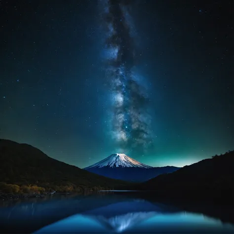 Master Parts、Superior Quality、superior image quality、The 8k quality、Beautiful pictures of the starry sky、magnifica、Arched Milky Way:1.9、Mt fuji、Blue glowing lake:1.9