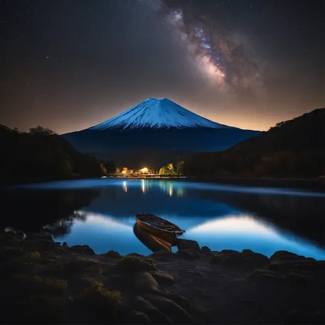 Master Parts、Superior Quality、superior image quality、The 8k quality、Beautiful pictures of the starry sky、magnifica、Arched Milky Way:1.9、Mt fuji、Blue glowing lake:1.9