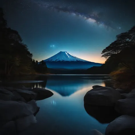 Master Parts、Superior Quality、superior image quality、The 8k quality、Beautiful pictures of the starry sky、magnifica、Arched Milky Way:1.9、Mt fuji、Blue glowing lake:1.9