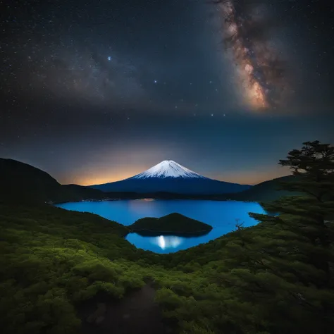 Master Parts、Superior Quality、superior image quality、The 8k quality、Beautiful pictures of the starry sky、magnifica、Arched Milky Way:1.9、Mt fuji、Blue glowing lake:1.9