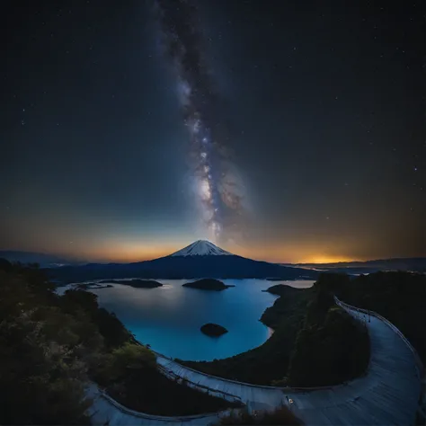 Master Parts、Superior Quality、superior image quality、The 8k quality、Beautiful pictures of the starry sky、magnifica、Arched Milky Way:1.9、Mt fuji、Blue glowing lake:1.9