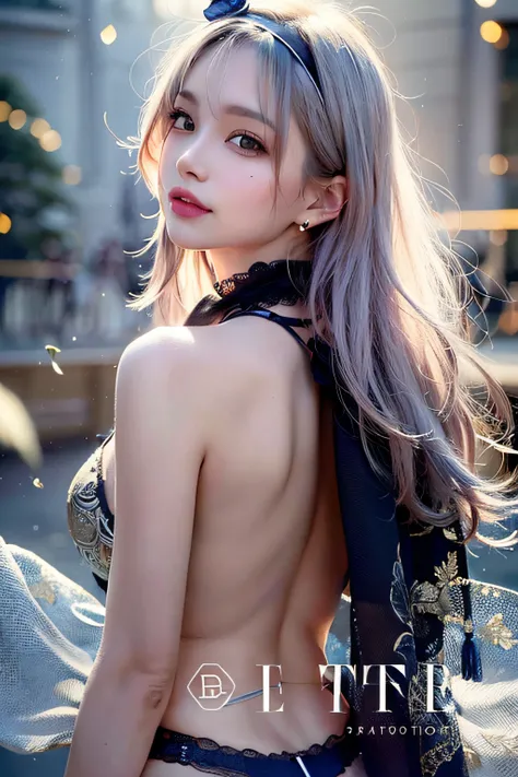 Trip (Only slim shoulder straps, Ultra-low-cut top)( Very close view ) Face view , clothes see-through (((Outdoor paradise)))(Cover your chest with your hands ,Topless)，Head flower decoration, Petals flying in the air ，Pouting slightly，The back exposes bar...