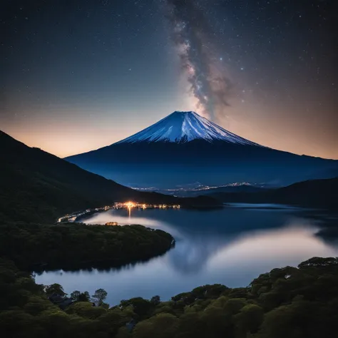 Master Parts、Superior Quality、superior image quality、The 8k quality、Beautiful pictures of the starry sky、magnifica、Arched Milky Way:1.9、Mt fuji、Blue glowing lake:1.9