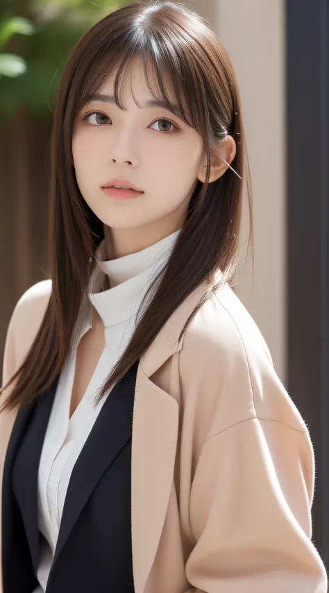 1womanl, (up of face:1.5), light brown hair, Blunt bangs, hair behind ear, hair over shoulder, Long hair, Ultra Fine Face, Thin face, Delicate lips, (beautidful eyes:1.5), thin blush, eyes are light brown,View here, （Hands hide）, formal jackets, a choker ,...