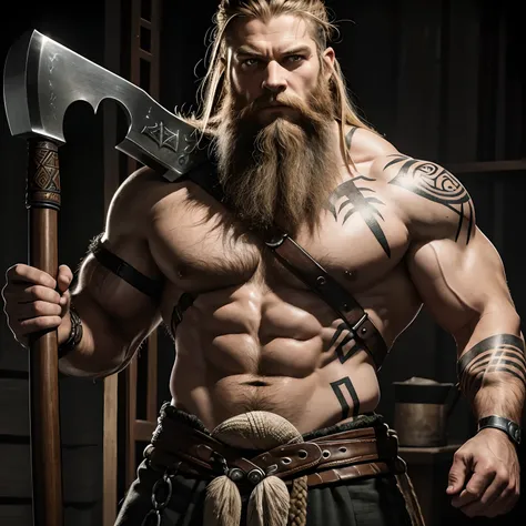 Bild zeigt einen Krieger, Man is strongly muscular, Mann ist ein Vikinger, man carrying a battle axe, man has a powerful braided beard, the body is covered with tattoos and runes,