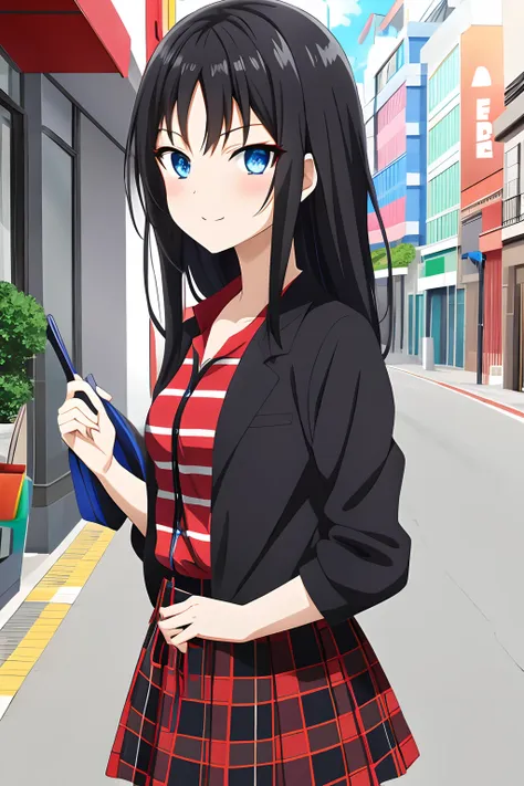 anime girl ,black hair,blue eyes,red stripes skirt black in color,bindi