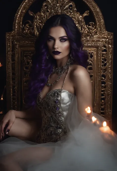 Mujer sentada en trono,rodeada de libros, mirando a camara, Long dark purple hair, ojos rojos con una luz brillante, vestido largo abierto negro, bruja, Joyas de plata en forma de costillas, Metal mask on half of the face, Black lipstick young witch lookin...