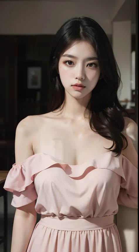 best qualityer, Masterpieces, Super high resolution, (photograph realistic:1.5), Original image,Pink dress ,Korean 1girl, offshoulder, In the dark, deepshadow, low tune, Cold light, Sexy look, long whitr hair,Cafe,pretty,lim light