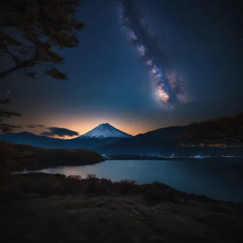 Master Parts、Superior Quality、superior image quality、The 8k quality、Beautiful pictures of the starry sky、magnifica、Arched Milky Way:1.9、Mt fuji、Blue glowing lake:1.9、snowscape:1.9