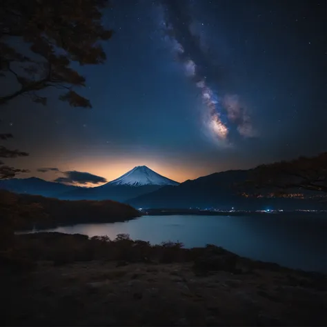 Master Parts、Superior Quality、superior image quality、The 8k quality、Beautiful pictures of the starry sky、magnifica、Arched Milky Way:1.9、Mt fuji、Blue glowing lake:1.9、snowscape:1.9