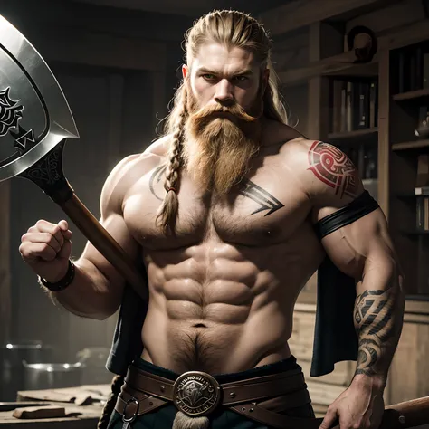 Bild zeigt einen Krieger, Man is strongly muscular, Mann ist ein Vikinger, Mann, who carries a battle axe, Man has a strong braided beard, The body is strewn with tattoos and runes,