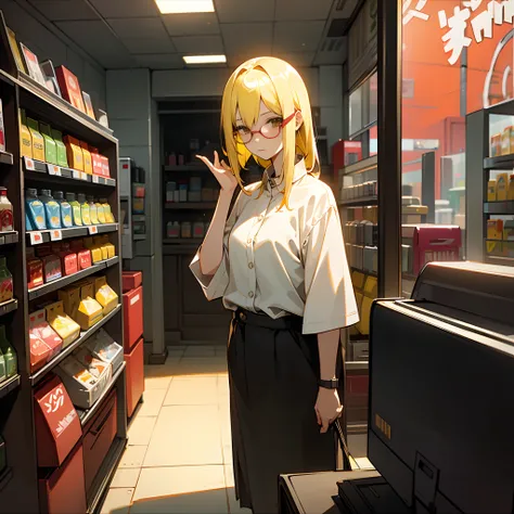 Yellow hair，Convenience store clerk，red-tinted glasses，middle aged women，Dingdall effect，A girl