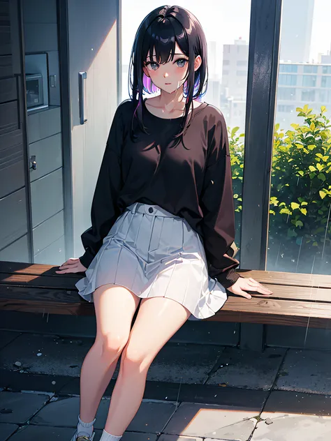 girl sitting on the bench with thin socks, vans sneakers, wide low-cut white shirt, straight hair, large, pink lips and drooling from her mouth, BREAK, rain falling, light environment, (ultra-realistic), {extremely detailed CG unit 8k wallpaper wall}, Expa...