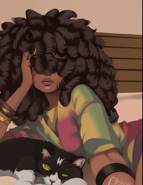 uma mulher deitada em uma cama com um gato, cabelo cobrindo os olhos, anime afrofuturismo | |, in illustration style digital, trending on artstration, Cores da Jamaica, drawing made in colored pencils, sketching style