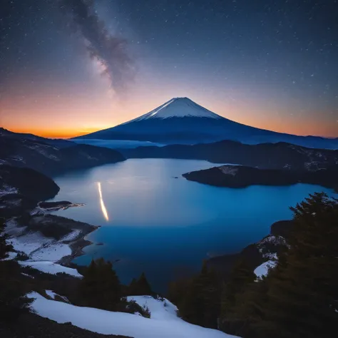 Master Parts、Superior Quality、superior image quality、The 8k quality、Beautiful pictures of the starry sky、magnifica、Arched Milky Way:1.9、Mt fuji、Blue glowing lake:1.9、(snowscape:1.9)