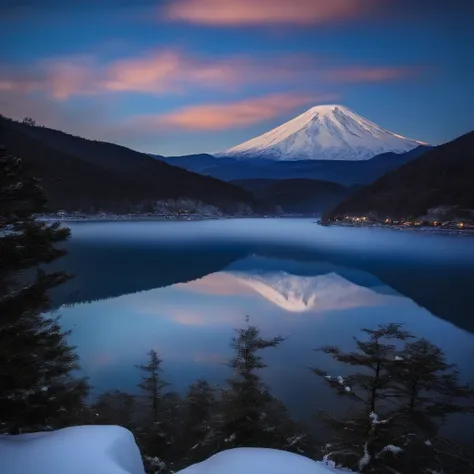 Master Parts、Superior Quality、superior image quality、The 8k quality、Beautiful pictures of the starry sky、magnifica、Arched Milky Way:1.9、Mt fuji、Blue glowing lake:1.9、(snowscape:1.9)