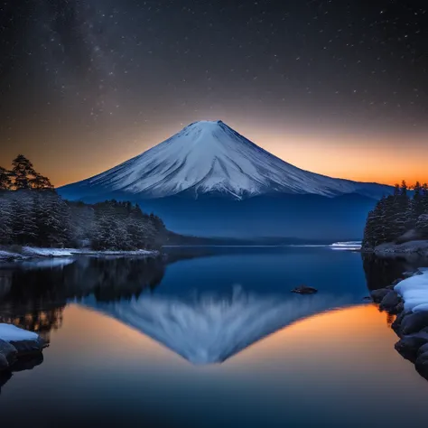 Master Parts、Superior Quality、superior image quality、The 8k quality、Beautiful pictures of the starry sky、magnifica、Arched Milky Way:1.9、Mt fuji、Blue glowing lake:1.9、(snowscape:1.9)