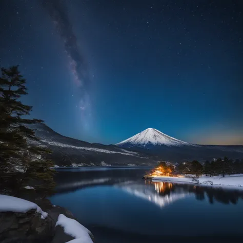 Master Parts、Superior Quality、superior image quality、The 8k quality、Beautiful pictures of the starry sky、magnifica、Arched Milky Way:1.9、Mt fuji、Blue glowing lake:1.9、(snowscape:1.9)