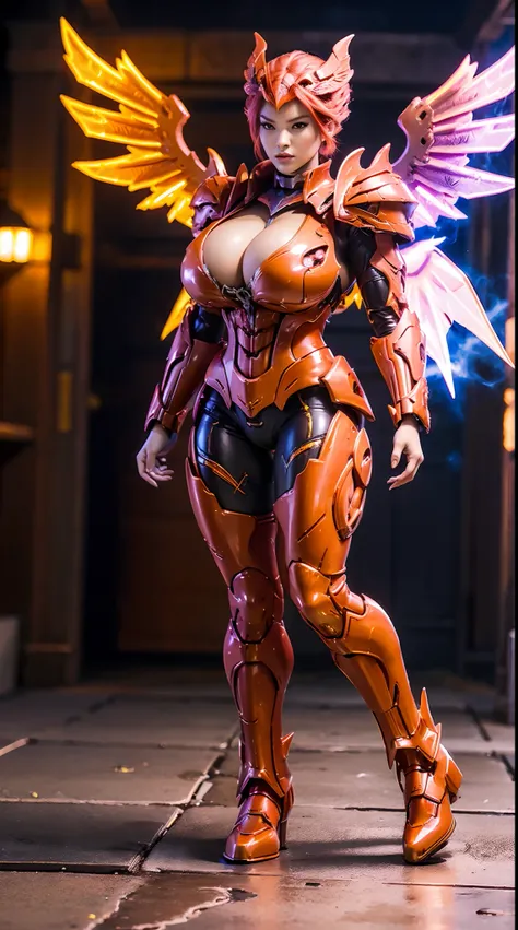 HUGE BOOBS, FIRE PHOENIX, MECHA ARMOR FULL SUIT, (CLEAVAGE), (A PAIR LARGEST WINGS), TRANSPARANT, TALL LEGS, STANDING, SEXY BODY, MUSCLE ABS.