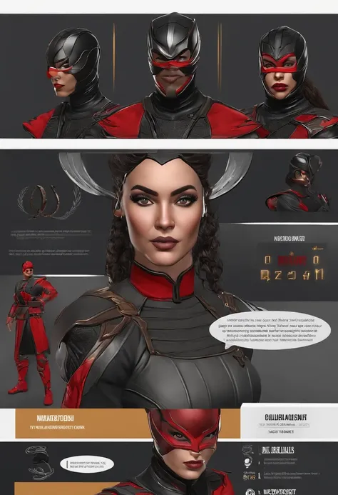 scarlet mortal kombat 11, roupa de couro militar preta, MASCARA DE CAVEIRA VERMELHA, MASCARA IMPONENTE, ROSTO COBERTO, MASCARA DE CAVEWIRA DE RUBI, cabelo VERMELHO, imponente, cabelo vermelho curto, cicatrizes no rosto (maior qualidade) (realista) (rosto r...