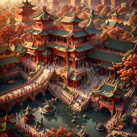 Magnificent ancient Chinese palace，Gold brick red wall，Ornate carvings and decorations，Huge dragon statue，Beautiful garden and pond，Pagodas and stone bridges，Carefully designed traditional Chinese architecture，Colorful lanterns hang from the ceiling，Bustli...