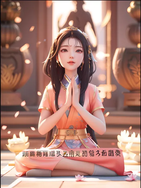 There was a woman sitting in the lotus position with her hands folded, trending on cgstation, Animated Movies, Middle metaverse, Lu Ji, 8K)), 🌺 CGSesociety, Wang Chen, Chiba Yuda, Animated Movies, unreal engine rendered + A goddess, Maya 8 K