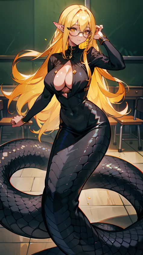 1woman,40 years old,teacher,glasses,solo,black teacher outfit,long hair,cleavage,half black lamia,yellow hair,classroom,standing,black snake woman,realistic black snake scales,Shiny skin,medium breast,Caucasian elve ear,Caucasian skin