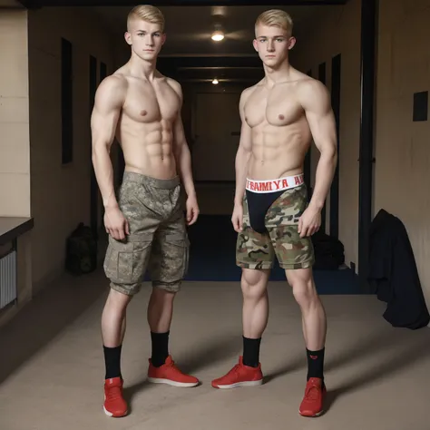 army barracks, army, 2boys, thin body, young males, caucassian masculine square face, full body view, camo boxers, blonde, topless, armoured red sneakers, white socks, domination, harness