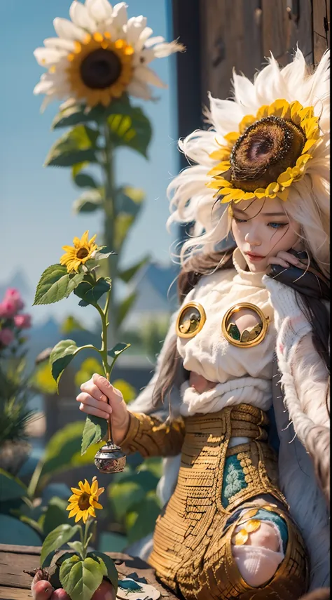 in a very grand scene，the extra-large wide-angle lens captures the appearance of a female centaur。she is a sunflower worship nun...