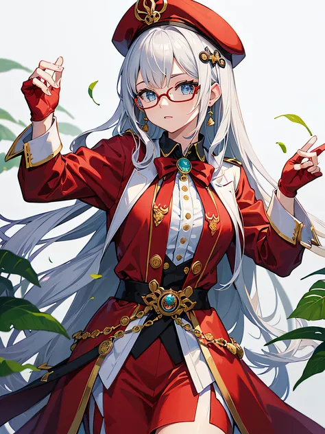 ((master part, best quality)), Aston Machan (Umamusume),, sorrir, seios grandes, parte superior do corpo, , mangas compridas, camisa branca, Frescuras, saia verde, button, coxas pretas, suspender, , eyeglass, red-framed eyewear, red hat crown, , olhos louc...