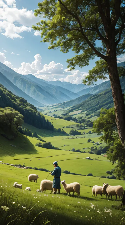 An image of a shepherd tending his sheep in a lush green field.