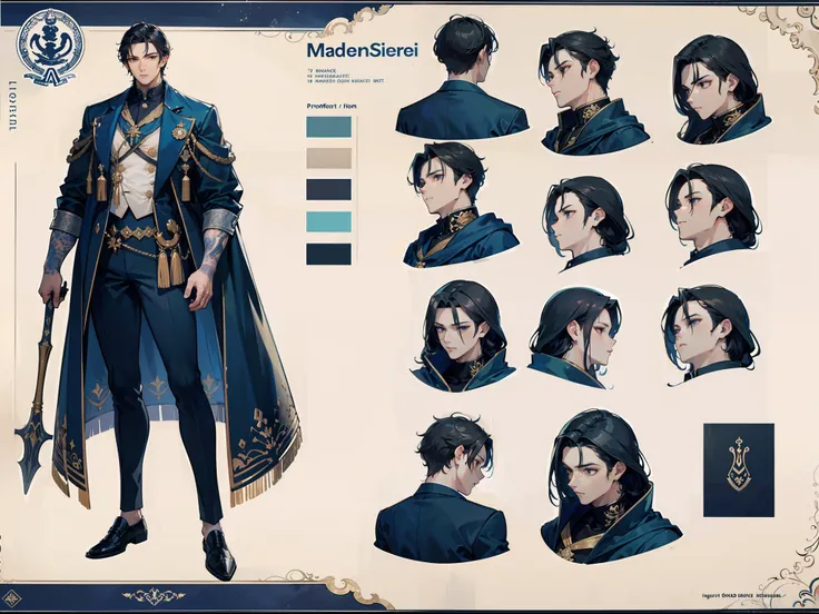 ((Masterpiece, Highest quality)), Detailed face, character design sheet， full bodyesbian, Full of details, frontal body view, back body view, Highly detailed, Depth, Many parts, Muscle boy with black hair，handsome man, navy, commander, man tall