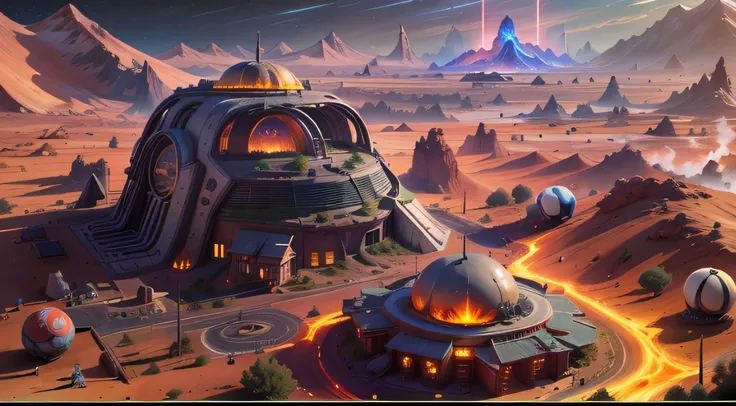 Alien Fall Base (Very detailed) In the mountainous desert，There are several exhaust fans and yellow chimneys, Some neon lights come out of the base to illuminate the dark place, (Extreme nights), Some clouds in the night sky, Some of the surrounding planet...