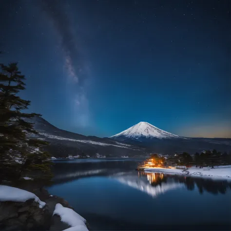 Master Parts、Superior Quality、superior image quality、The 8k quality、Beautiful pictures of the starry sky、magnifica、Arched Milky Way:1.9、Mt fuji、Blue glowing lake:1.9、(snowscape:1.9)