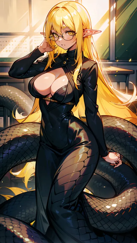 1woman,40 years old,teacher,glasses,solo,black teacher outfit,long hair,cleavage,half black lamia,yellow hair,classroom,standing,snake woman,realistic black snake scales,Shiny skin,medium breast,Caucasian elve ear,