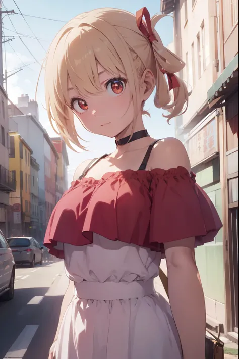 chisatonishikigi, nishikigi chisato, short hair, bangs, blonde hair, (red eyes:1.5), hair ribbon, one side up, bob cut,
BREAK shirt, bare shoulders, twintails, collarbone, hair ribbon, white shirt, frills, off shoulder, red ribbon, short twintails, off-sho...